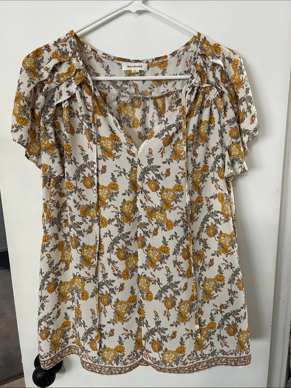 Max Studio Cream Floral Tie-Neck Blouse with Yellow Flowers
